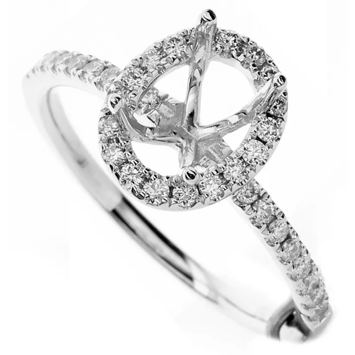 18K White Gold Semi Mount Diamond Ring with Oval Halo Engagement Collections Rings