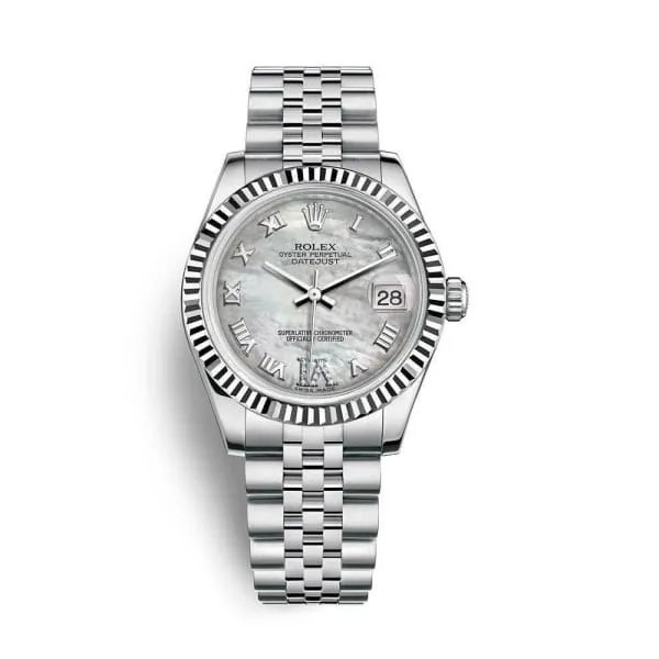 Bracelets Rolex Rolex Datejust 31mm Ref 1782740086 White Mother of Pearl Roman Diamond Dial Stainless Steel Jubilee Bracelet Womens Watch