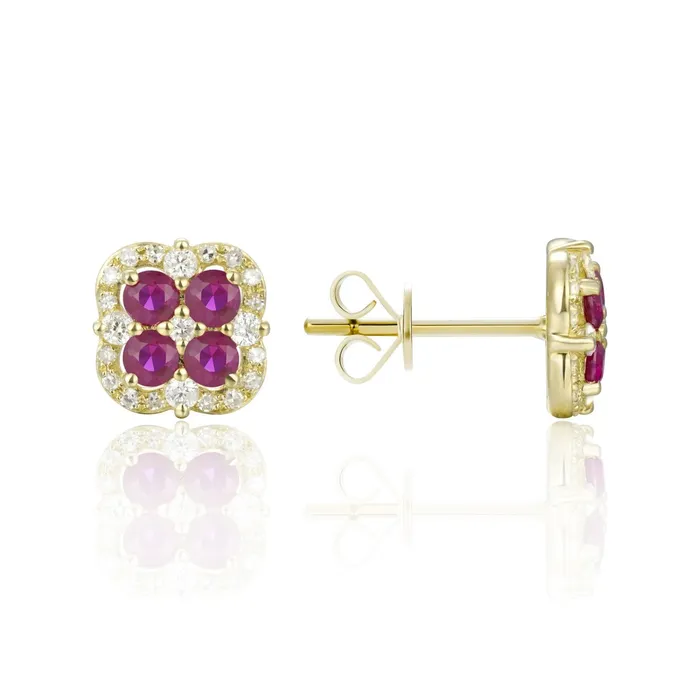 Croghans Earrings Ruby Diamond 14K Yellow Gold Clover Stud Earrings