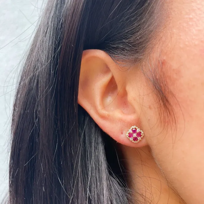 Croghans Earrings Ruby Diamond 14K Yellow Gold Clover Stud Earrings