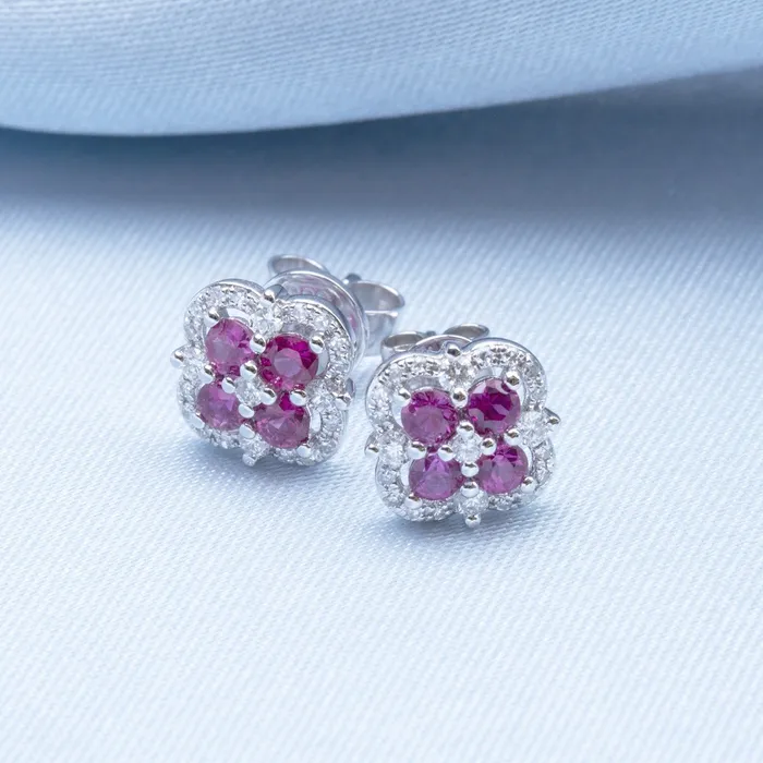 Croghans Earrings Ruby Diamond 14K Yellow Gold Clover Stud Earrings