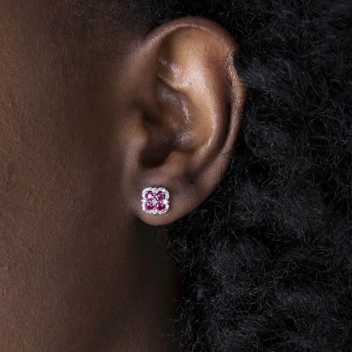 Croghans Earrings Ruby Diamond 14K Yellow Gold Clover Stud Earrings