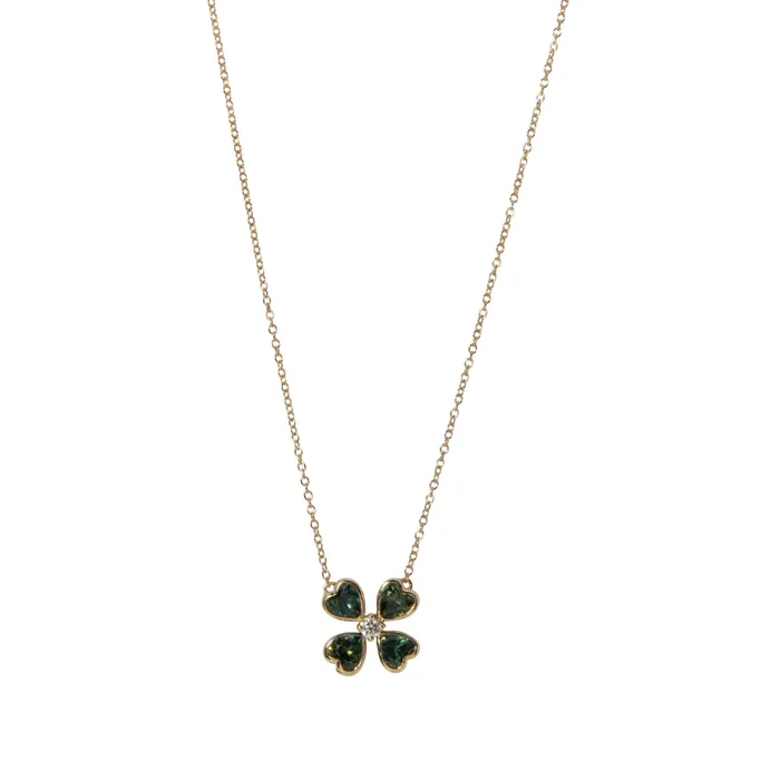 Green Sapphire Diamond 14K Gold Four Leaf Clover Necklace Mini Collection Necklaces