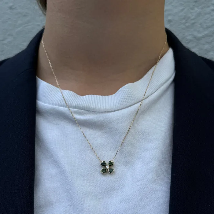 Green Sapphire Diamond 14K Gold Four Leaf Clover Necklace Mini Collection Necklaces