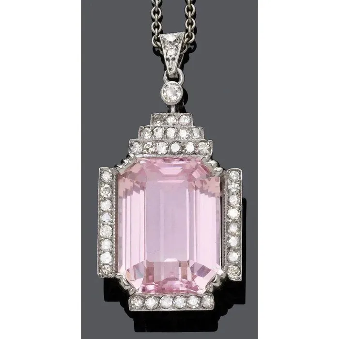 GB Kunzite Emerald Cut And Natural Earth Mined Diamond Pendant Necklaces GB Kunzite Emerald Cut And Natural Earth Mined Diamond Pendant Necklaces