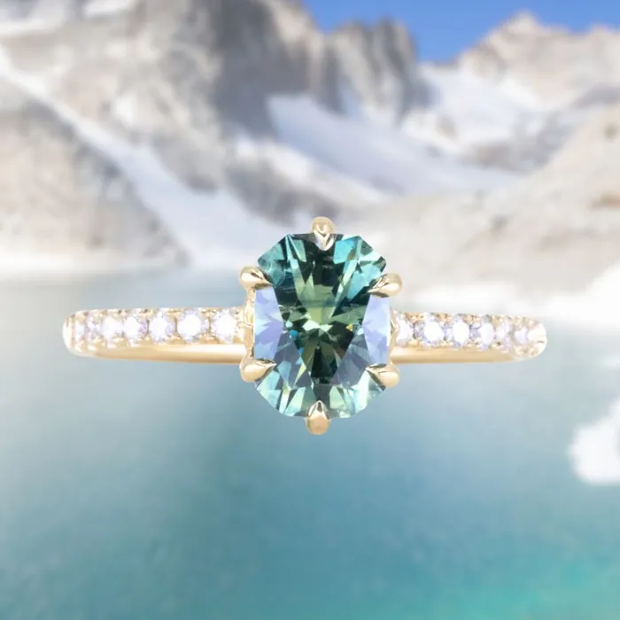 130ct Precision Cut Teal Green Radiant Montana Sapphire Lotus Six Prong Solitaire with Diamonds in 18k Yellow Gold Americut Gems PreStyled Sets 130ct Precision Cut Teal Green Radiant Montana Sapphire Lotus Six Prong Solitaire with Diamonds in 18k Yellow Gold Americut Gems PreStyled Sets