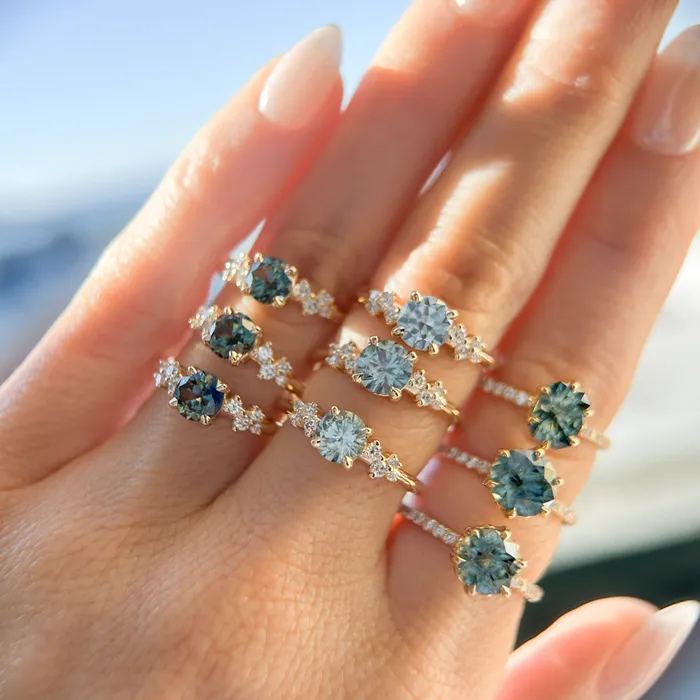 130ct Precision Cut Teal Green Radiant Montana Sapphire Lotus Six Prong Solitaire with Diamonds in 18k Yellow Gold Americut Gems PreStyled Sets