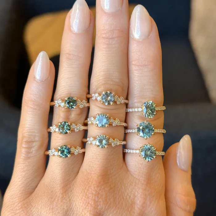 130ct Precision Cut Teal Green Radiant Montana Sapphire Lotus Six Prong Solitaire with Diamonds in 18k Yellow Gold Americut Gems PreStyled Sets
