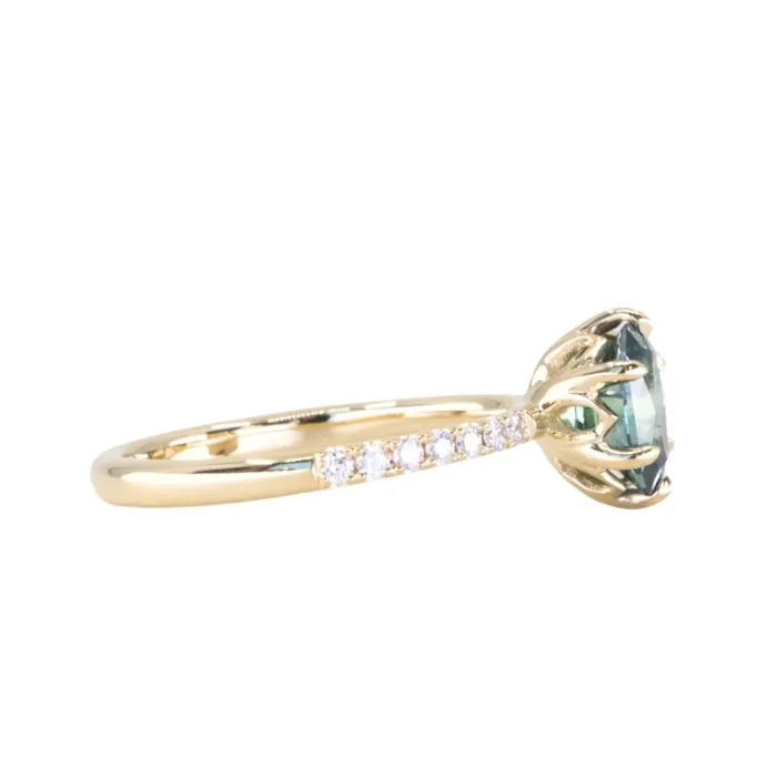 130ct Precision Cut Teal Green Radiant Montana Sapphire Lotus Six Prong Solitaire with Diamonds in 18k Yellow Gold Americut Gems PreStyled Sets