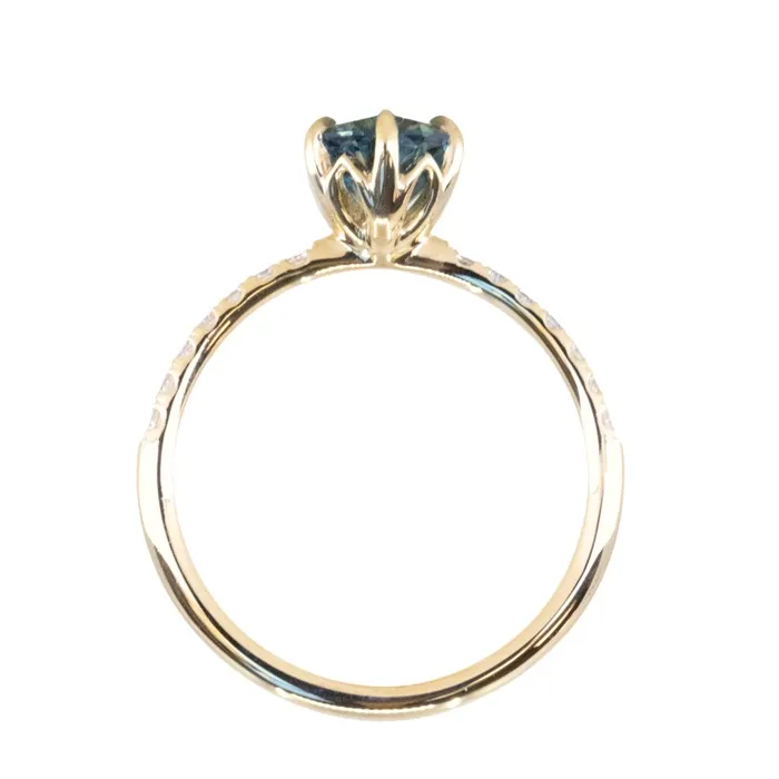 130ct Precision Cut Teal Green Radiant Montana Sapphire Lotus Six Prong Solitaire with Diamonds in 18k Yellow Gold Americut Gems PreStyled Sets