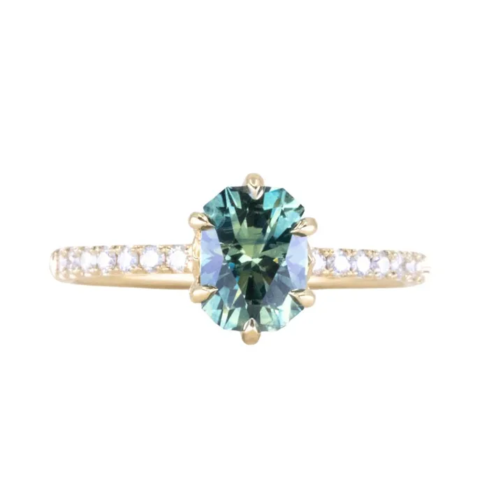 130ct Precision Cut Teal Green Radiant Montana Sapphire Lotus Six Prong Solitaire with Diamonds in 18k Yellow Gold Americut Gems PreStyled Sets