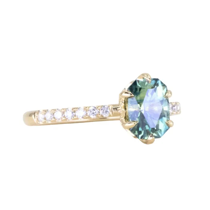 130ct Precision Cut Teal Green Radiant Montana Sapphire Lotus Six Prong Solitaire with Diamonds in 18k Yellow Gold Americut Gems PreStyled Sets