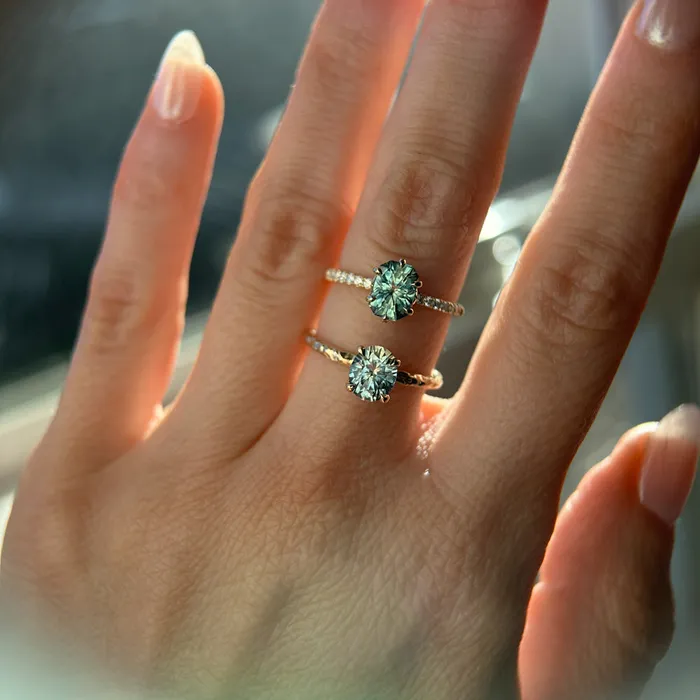 130ct Precision Cut Teal Green Radiant Montana Sapphire Lotus Six Prong Solitaire with Diamonds in 18k Yellow Gold Americut Gems PreStyled Sets