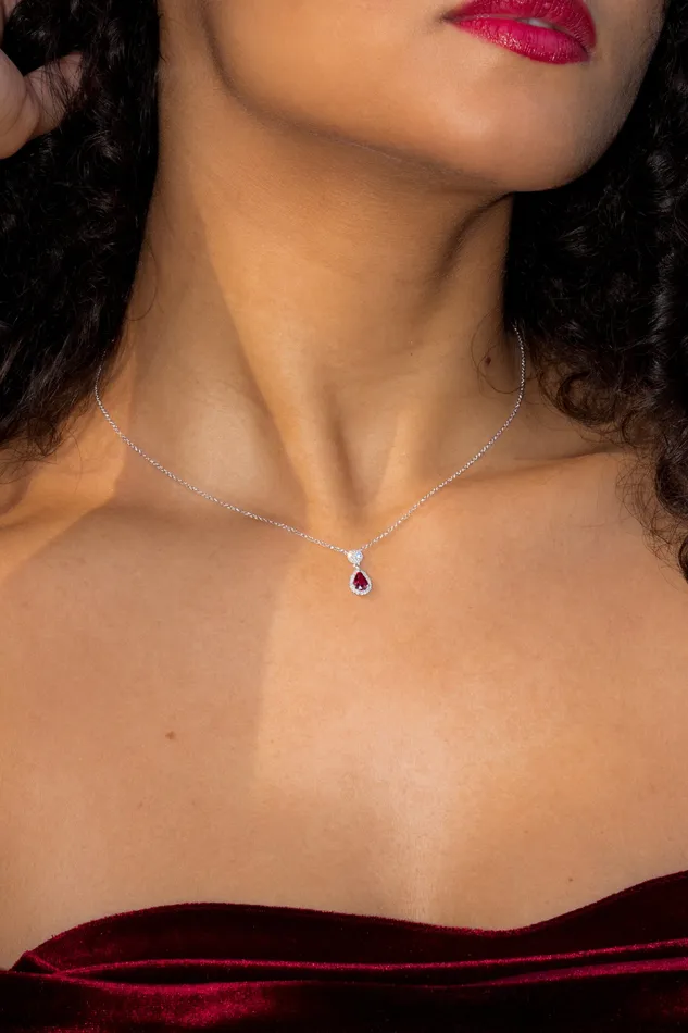 Princess Bride Diamonds Pear Ruby Diamond Halo Drop Necklace 14k White Gold Necklaces Princess Bride Diamonds Pear Ruby Diamond Halo Drop Necklace 14k White Gold Necklaces