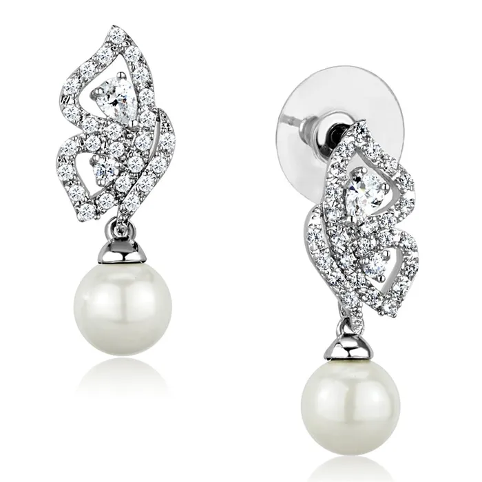3W902 Rhodium Brass Earrings with Synthetic Pearl in White Alamode Earrings
