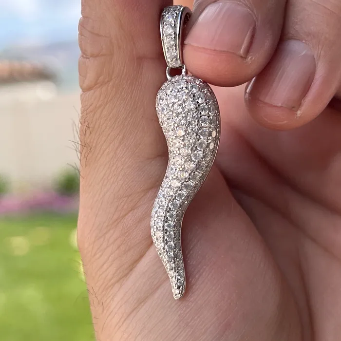 Bling Cartel 925 Sterling Silver Italian Horn Cornicello Cuerno CZ Iced Pendant Necklaces Bling Cartel 925 Sterling Silver Italian Horn Cornicello Cuerno CZ Iced Pendant Necklaces