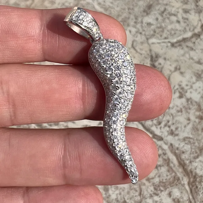 Bling Cartel 925 Sterling Silver Italian Horn Cornicello Cuerno CZ Iced Pendant Necklaces Bling Cartel 925 Sterling Silver Italian Horn Cornicello Cuerno CZ Iced Pendant Necklaces