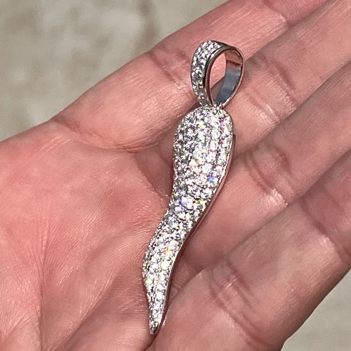 Bling Cartel 925 Sterling Silver Italian Horn Cornicello Cuerno CZ Iced Pendant Necklaces Bling Cartel 925 Sterling Silver Italian Horn Cornicello Cuerno CZ Iced Pendant Necklaces