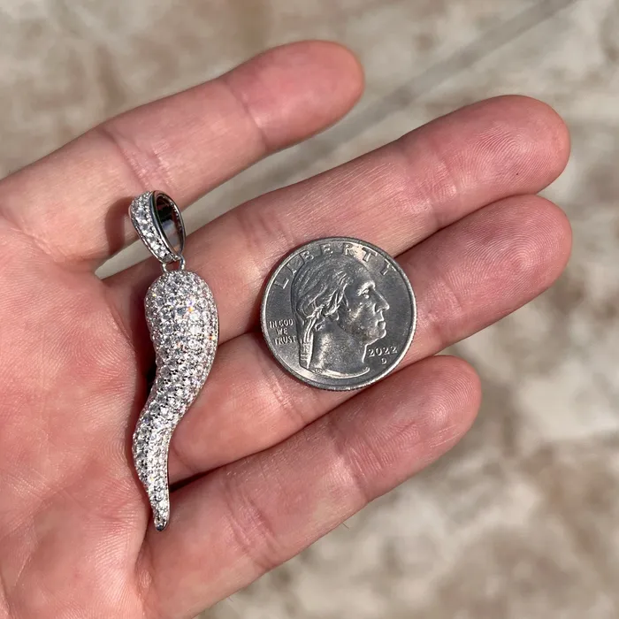 Bling Cartel 925 Sterling Silver Italian Horn Cornicello Cuerno CZ Iced Pendant Necklaces Bling Cartel 925 Sterling Silver Italian Horn Cornicello Cuerno CZ Iced Pendant Necklaces