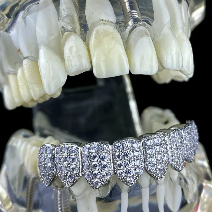Bling Cartel Admin Rings Silver Tone Iced CZ Bottom Eight Teeth Micro Pave Grillz