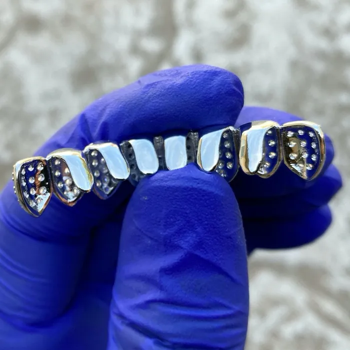 Bling Cartel Admin Rings Silver Tone Iced CZ Bottom Eight Teeth Micro Pave Grillz