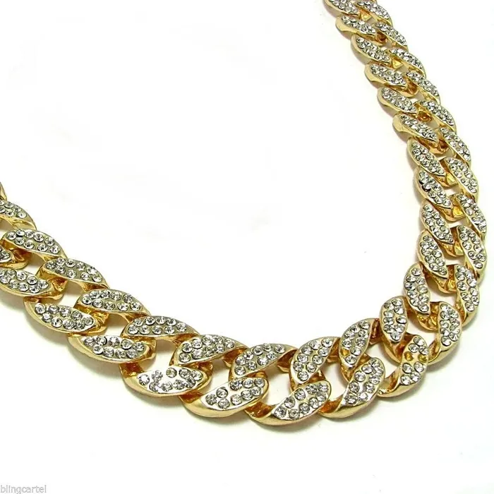 Bracelets Bling Cartel Admin Mens Gold Finish Full Stone Iced Cuban Link 30 Chain Bracelet Set