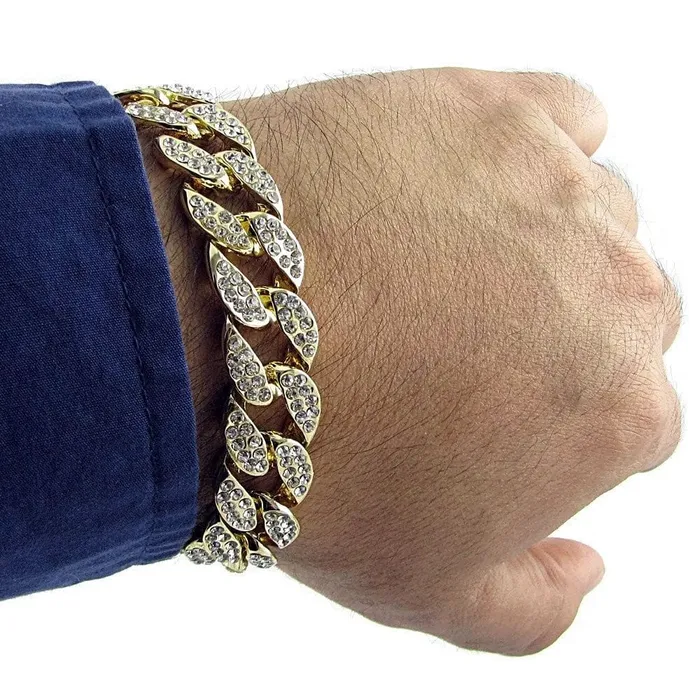 Bracelets Bling Cartel Admin Mens Gold Finish Full Stone Iced Cuban Link 30 Chain Bracelet Set
