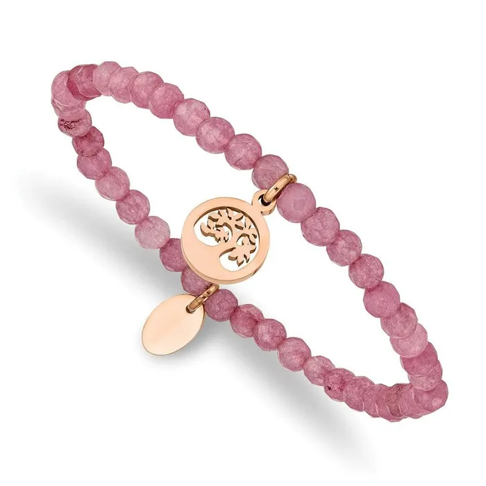 Chisel Bracelets Stainless Steel Polished Rose IP Tree Pink Jade Beaded Stretch Bracelet Chisel Bracelets Stainless Steel Polished Rose IP Tree Pink Jade Beaded Stretch Bracelet