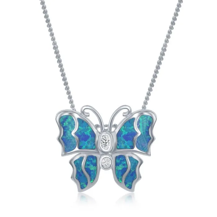 Classic Necklaces Sterling Silver Blue Inlay Opal Butterfly Pendant