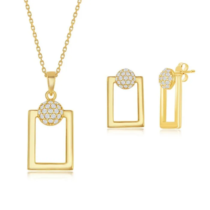 Classic Sterling Silver Round Micro Pave CZ Open Rectangle Pendant Earrings Set With Chain Gold Plated Earrings Classic Sterling Silver Round Micro Pave CZ Open Rectangle Pendant Earrings Set With Chain Gold Plated Earrings