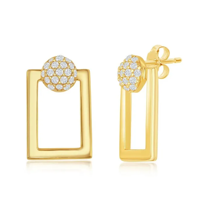 Classic Sterling Silver Round Micro Pave CZ Open Rectangle Pendant Earrings Set With Chain Gold Plated Earrings Classic Sterling Silver Round Micro Pave CZ Open Rectangle Pendant Earrings Set With Chain Gold Plated Earrings