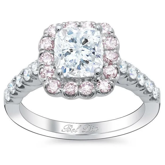 Cushion Engagement Ring with Pink Diamond Halo deBebians Rings