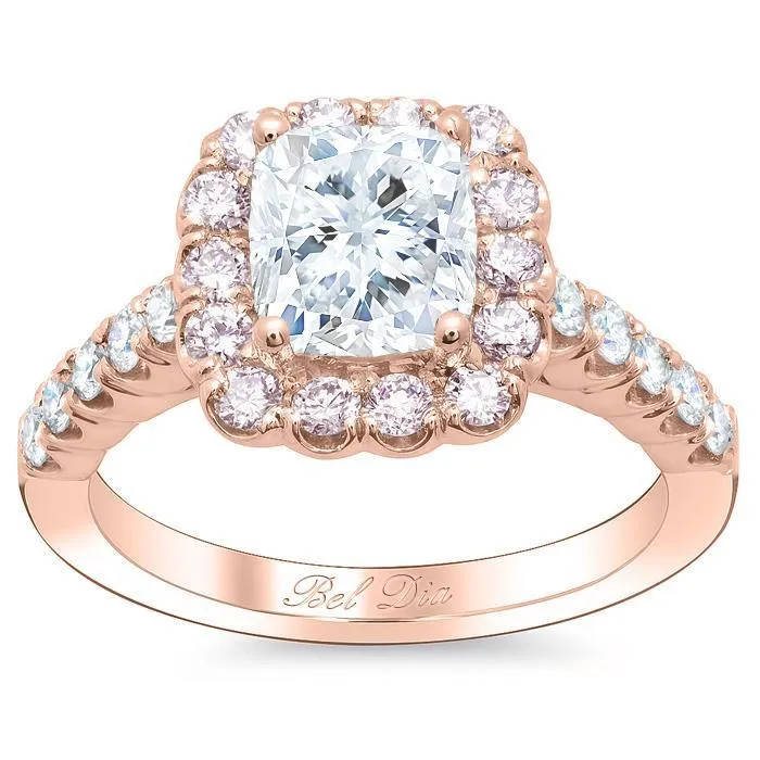 Cushion Engagement Ring with Pink Diamond Halo deBebians Rings
