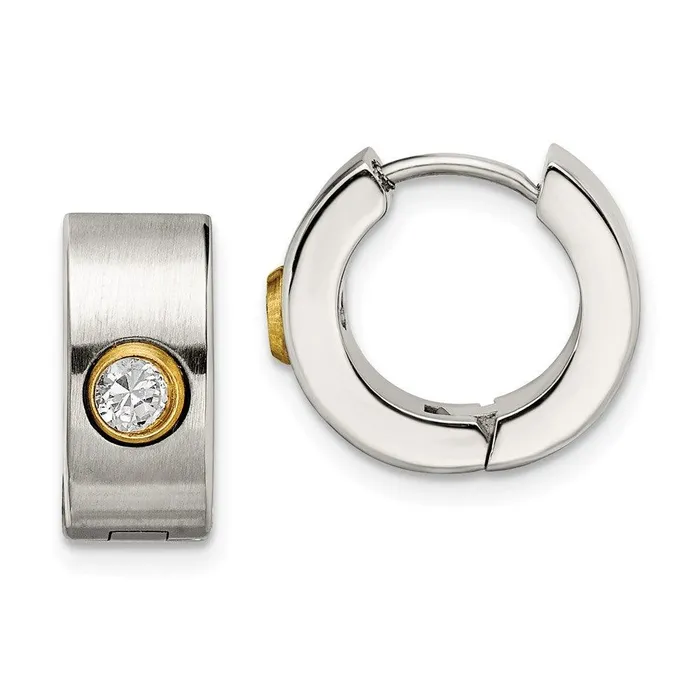 Earrings Chisel Stainless Steel CZ Yellow IPplated Hinged Hoop Earrings