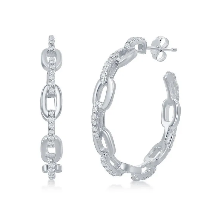 Earrings Sterling Silver 32mm Paperclip CZ Open Hoop Earrings Classic