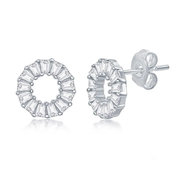 Earrings Sterling Silver Baguette CZ Circle Stud Earrings Classic