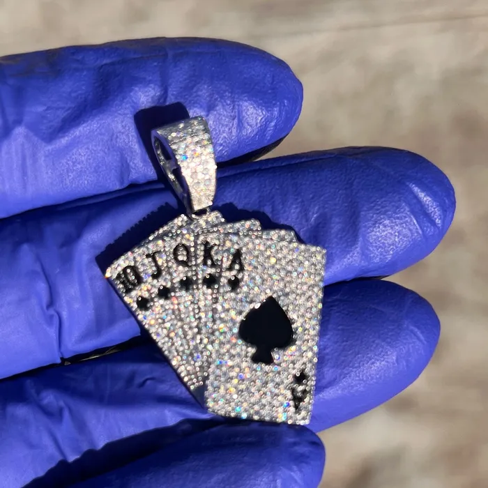 Moissanite 925 Sterling Silver Pendant Playing Cards Iced Flooded Out Royal Flush Bling Cartel Necklaces Moissanite 925 Sterling Silver Pendant Playing Cards Iced Flooded Out Royal Flush Bling Cartel Necklaces