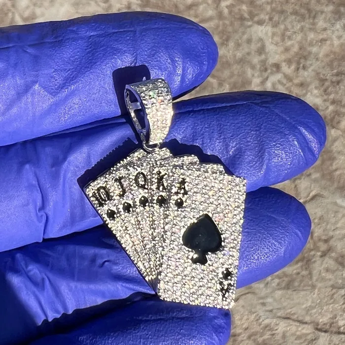 Moissanite 925 Sterling Silver Pendant Playing Cards Iced Flooded Out Royal Flush Bling Cartel Necklaces Moissanite 925 Sterling Silver Pendant Playing Cards Iced Flooded Out Royal Flush Bling Cartel Necklaces