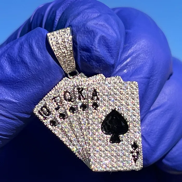 Moissanite 925 Sterling Silver Pendant Playing Cards Iced Flooded Out Royal Flush Bling Cartel Necklaces Moissanite 925 Sterling Silver Pendant Playing Cards Iced Flooded Out Royal Flush Bling Cartel Necklaces