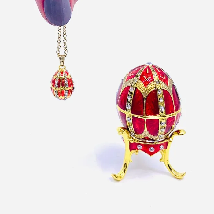 Necklaces Bejeweled Enamel Trinket Box and Pendant 24 Red Faberge Style Egg Kubla Craft