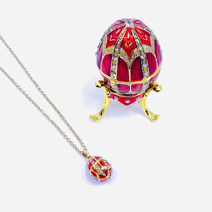 Necklaces Bejeweled Enamel Trinket Box and Pendant 24 Red Faberge Style Egg Kubla Craft