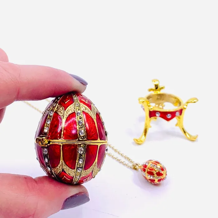 Necklaces Bejeweled Enamel Trinket Box and Pendant 24 Red Faberge Style Egg Kubla Craft