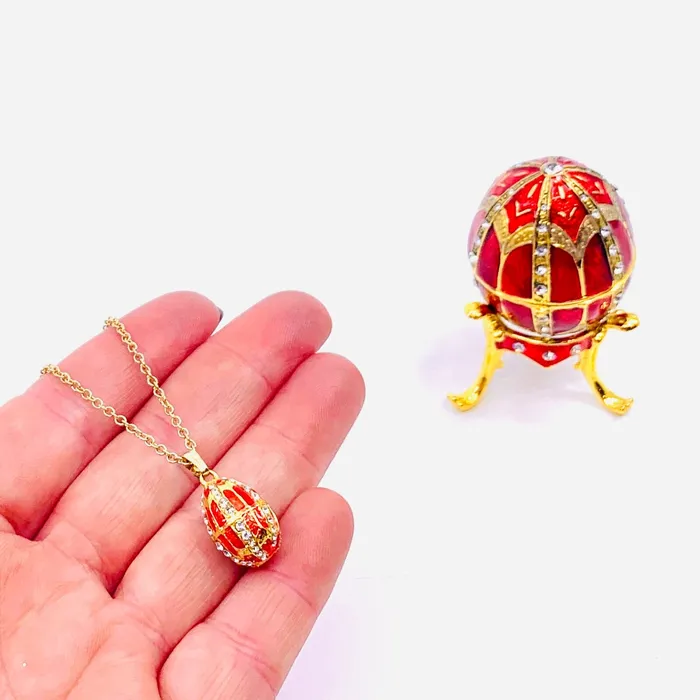 Necklaces Bejeweled Enamel Trinket Box and Pendant 24 Red Faberge Style Egg Kubla Craft