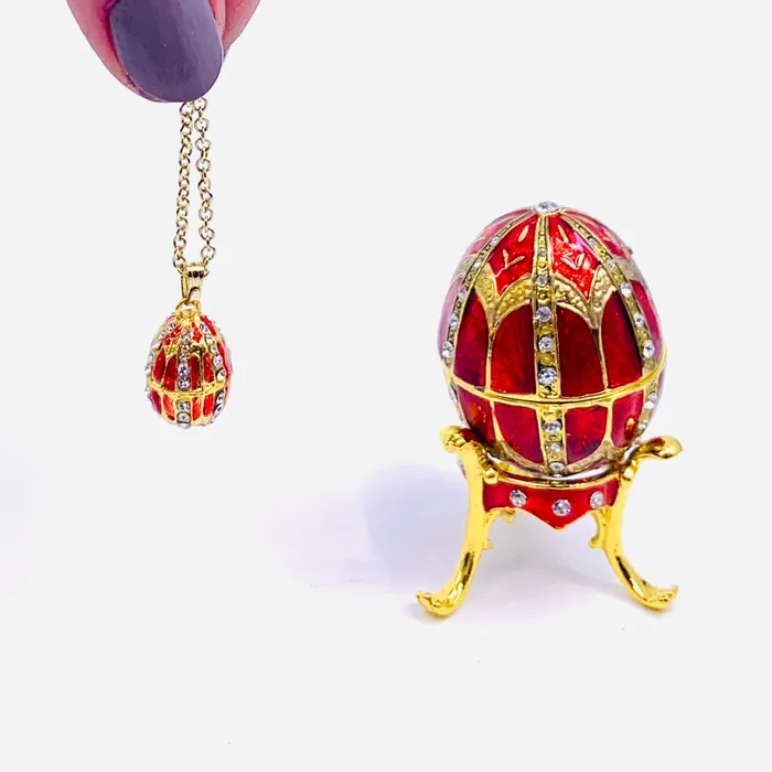 Necklaces Bejeweled Enamel Trinket Box and Pendant 24 Red Faberge Style Egg Kubla Craft