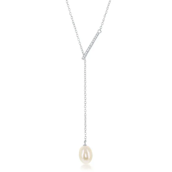 Necklaces Classic Sterling Silver CZ Bar with Hanging FWP Lariat Y Necklace Necklaces Classic Sterling Silver CZ Bar with Hanging FWP Lariat Y Necklace