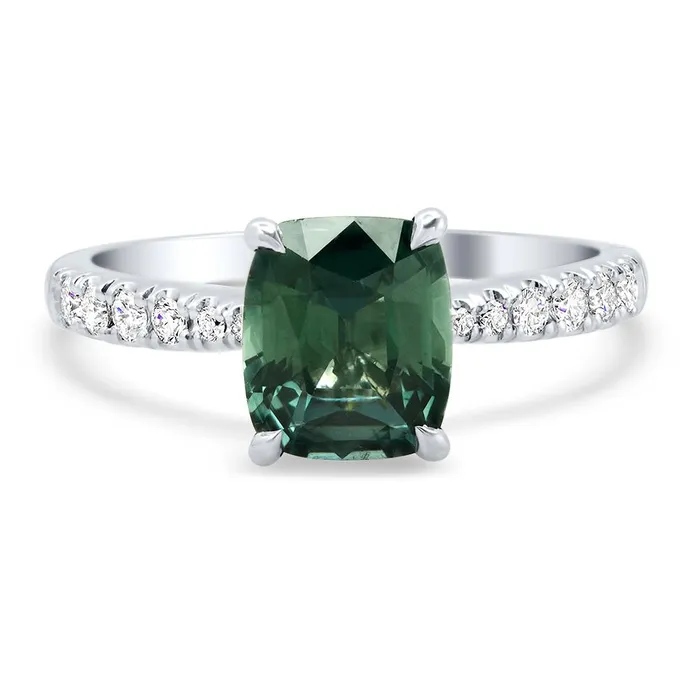 Peacock Sapphire Cushion Cut Diamond Ring deBebians Rings