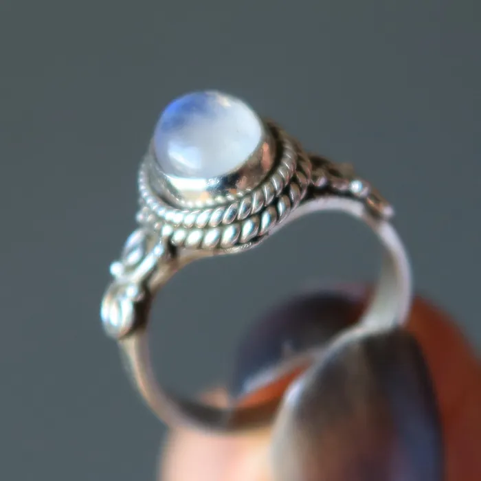 Rainbow Moonstone Ring Goddess Diana Sterling Silver Satin Crystals Rings