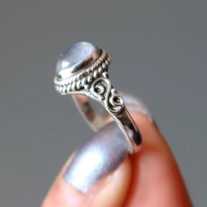 Rainbow Moonstone Ring Goddess Diana Sterling Silver Satin Crystals Rings