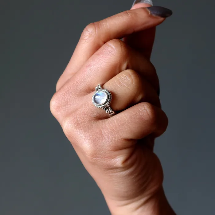 Rainbow Moonstone Ring Goddess Diana Sterling Silver Satin Crystals Rings