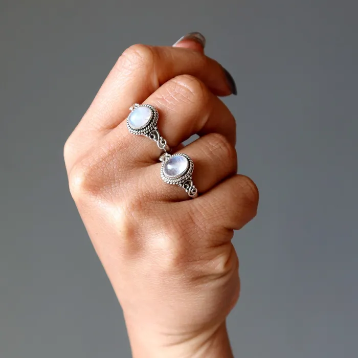Rainbow Moonstone Ring Goddess Diana Sterling Silver Satin Crystals Rings